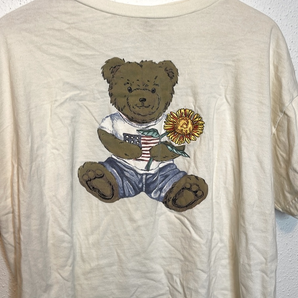 Bear with American Flag and Sunflower White T Shirt - Picture 2 of 4